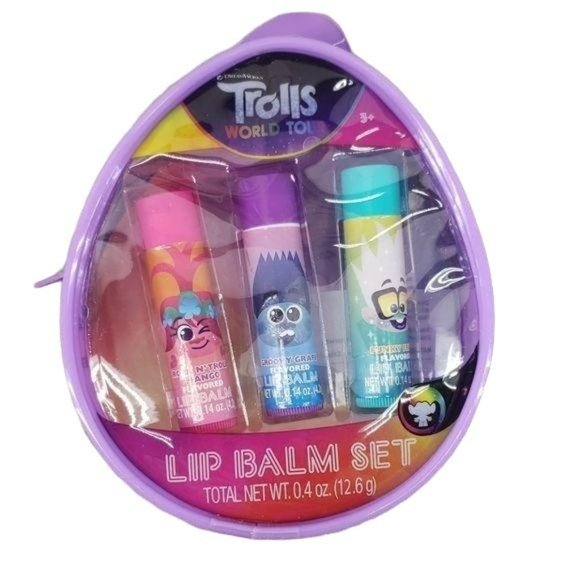 TROLLS World Tour Lip Balm Set of 3 Funky Fruit‎ Rock N Troll Mango Groovy Grape - Picture 1 of 5